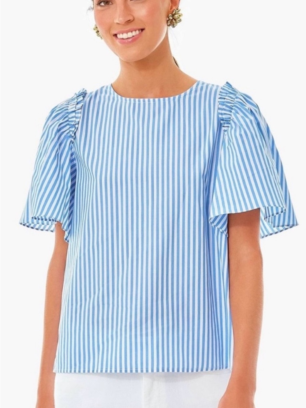 Pomander Place | poplin striped ruffle/flutter sleeve top
